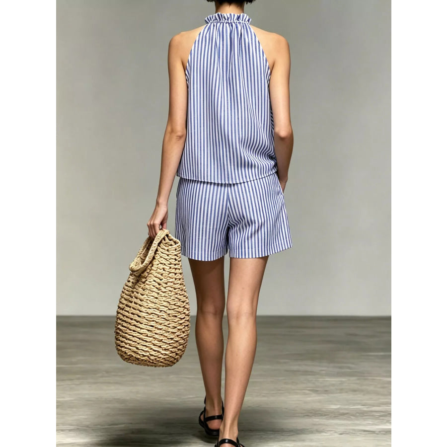 Ruffled Striped Sleeveless Top and Shorts Set Apparel Accessories