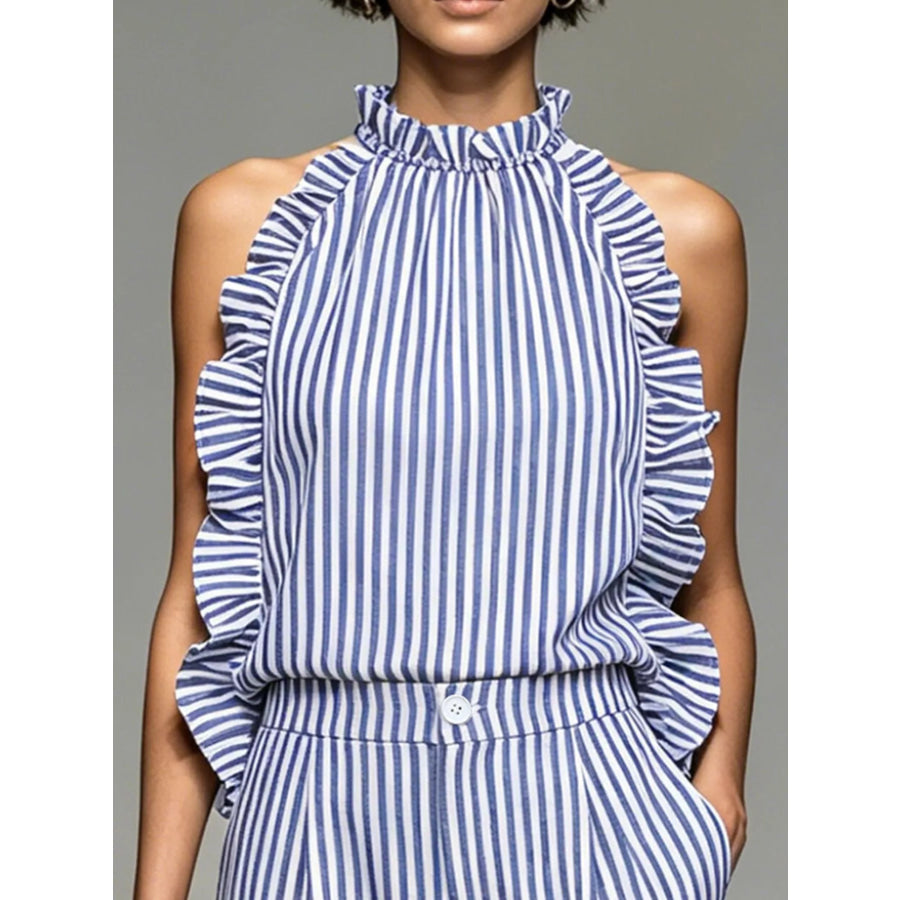 Ruffled Striped Sleeveless Top and Shorts Set Apparel Accessories