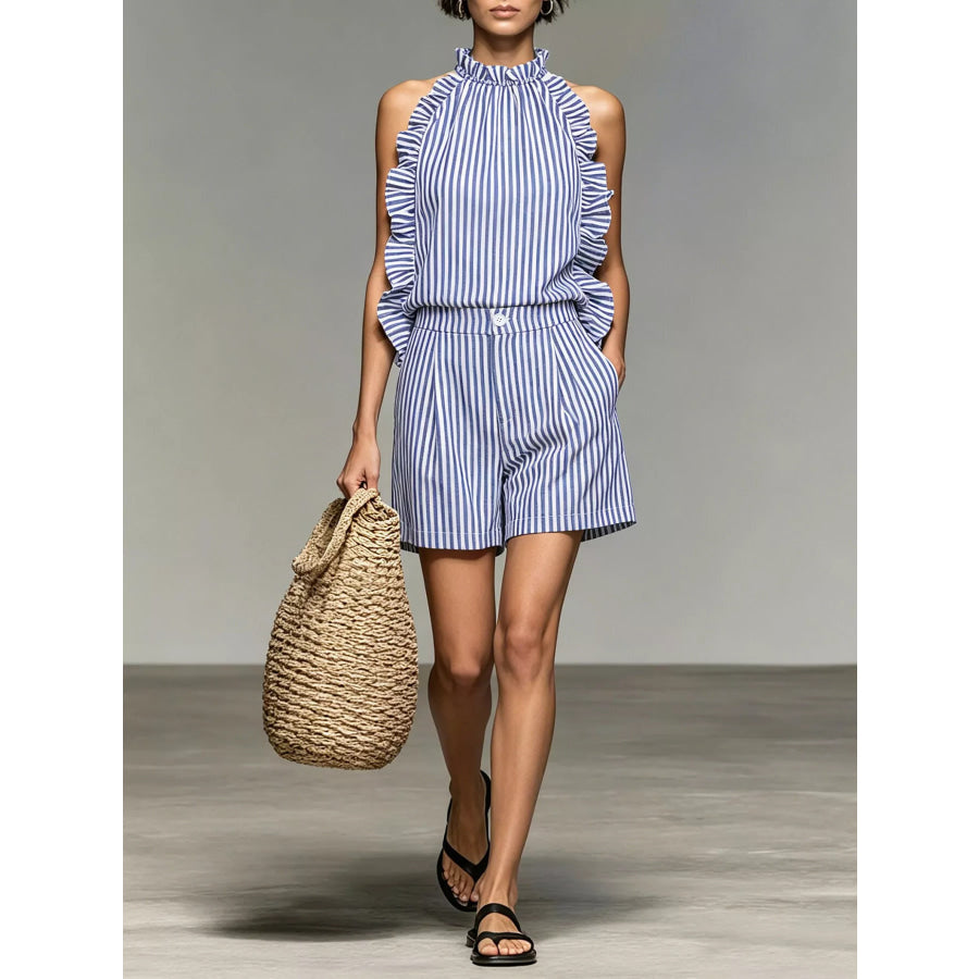 Ruffled Striped Sleeveless Top and Shorts Set Blue / S Apparel Accessories