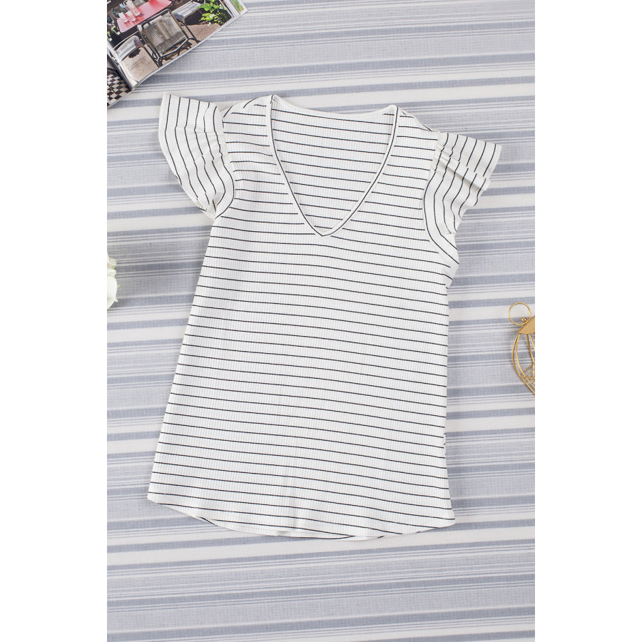 Ruffled Striped V-Neck Cap Sleeve Blouse Apparel and Accessories