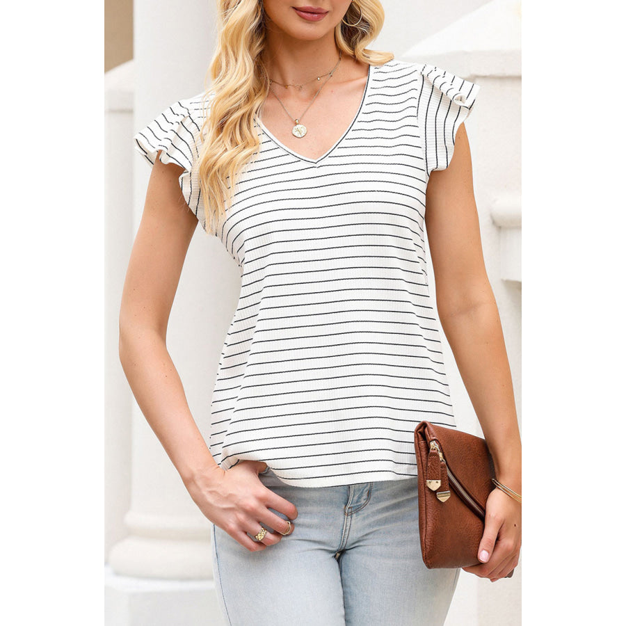 Ruffled Striped V-Neck Cap Sleeve Blouse White / S Apparel and Accessories