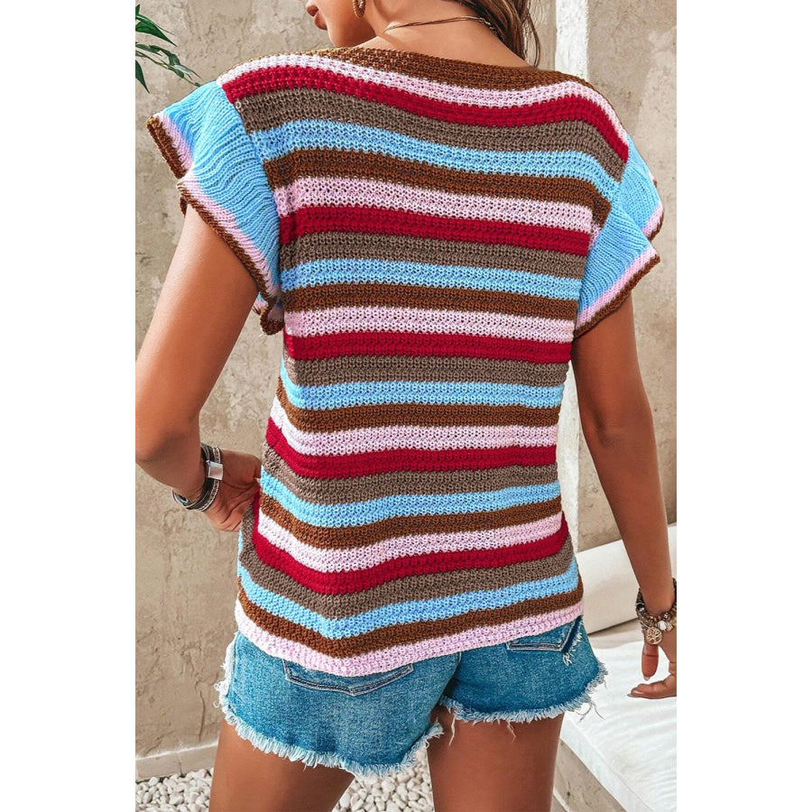 Ruffled Striped V-Neck Cap Sleeve Knit Top Apparel and Accessories