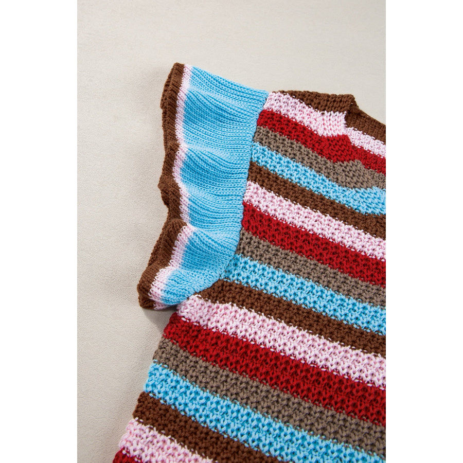 Ruffled Striped V-Neck Cap Sleeve Knit Top Apparel and Accessories