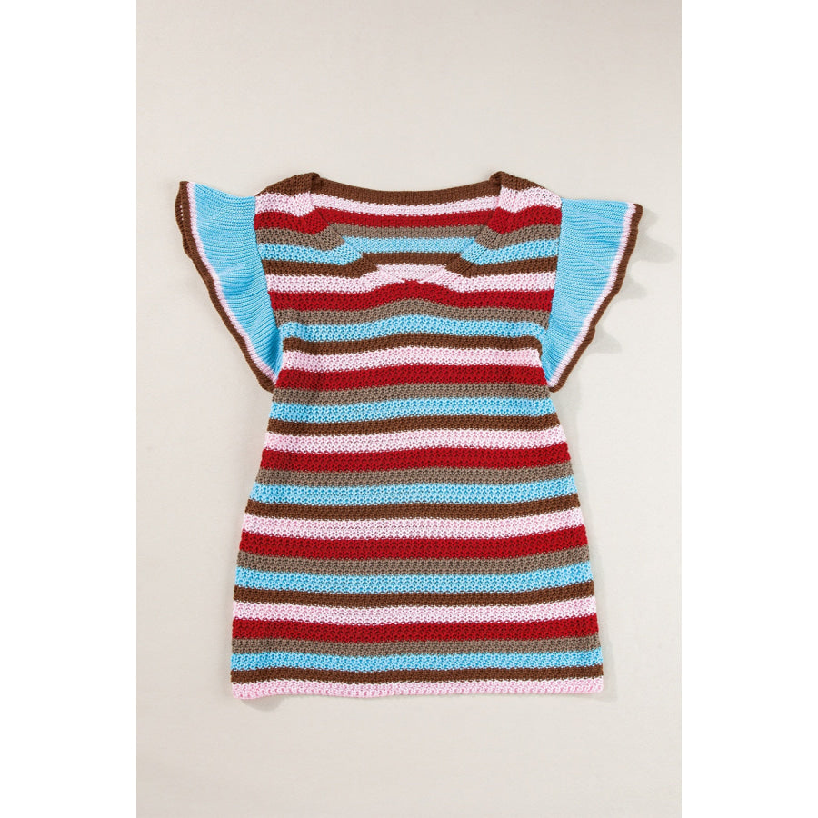 Ruffled Striped V-Neck Cap Sleeve Knit Top Apparel and Accessories