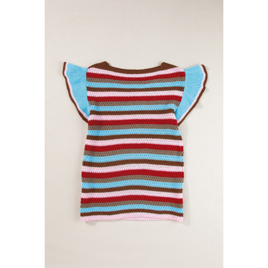Ruffled Striped V-Neck Cap Sleeve Knit Top Apparel and Accessories