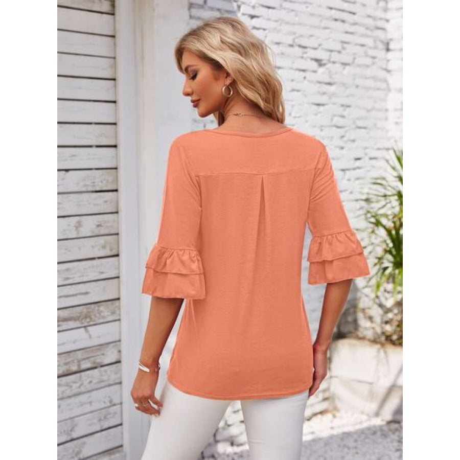 Ruffled Suqare Neck Half Sleeve Blouse Apparel and Accessories