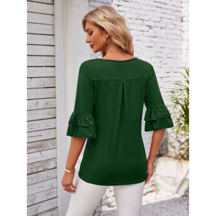 Ruffled Suqare Neck Half Sleeve Blouse Apparel and Accessories