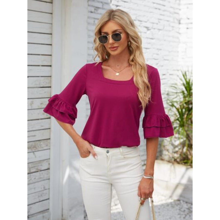 Ruffled Suqare Neck Half Sleeve Blouse Deep Rose / S Apparel and Accessories