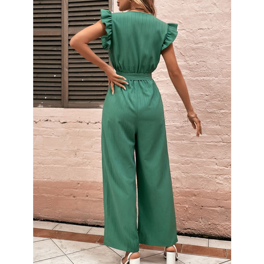 Ruffled Surplice Cap Sleeve Jumpsuit Dark Green / S Apparel and Accessories
