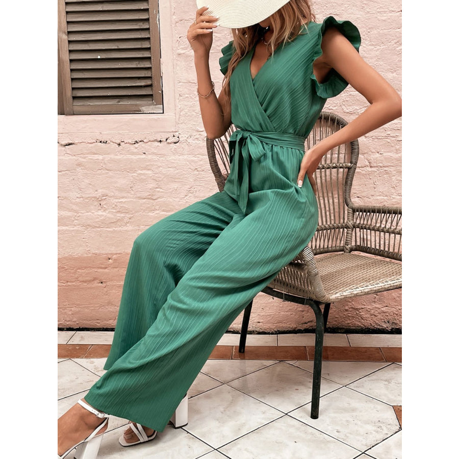 Ruffled Surplice Cap Sleeve Jumpsuit Apparel and Accessories