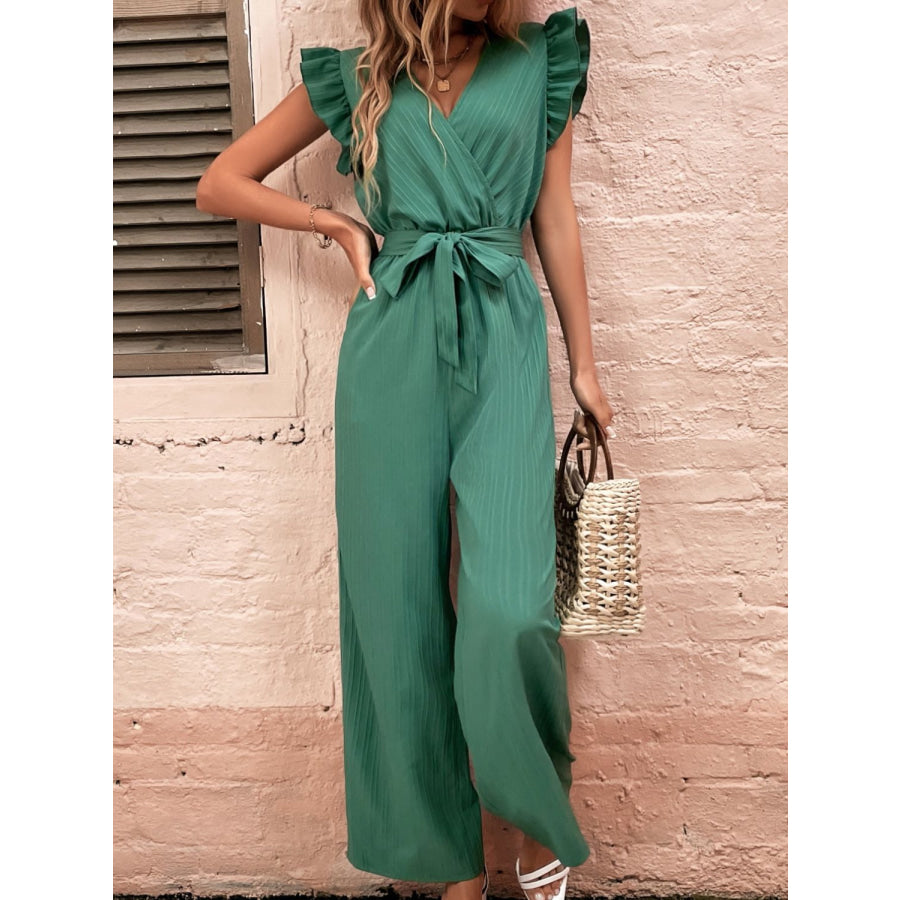 Ruffled Surplice Cap Sleeve Jumpsuit Apparel and Accessories