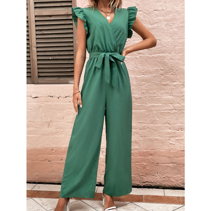 Ruffled Surplice Cap Sleeve Jumpsuit Dark Green / S Apparel and Accessories