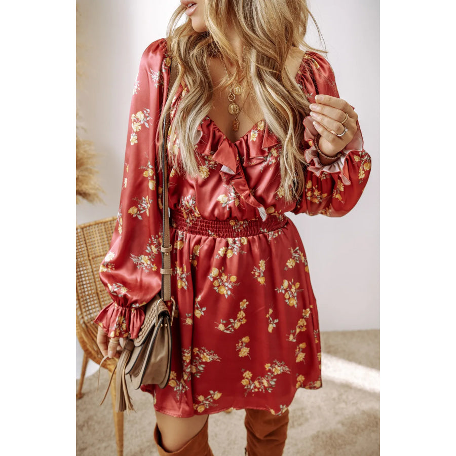 Ruffled Surplice Flounce Sleeve Mini Dress Scarlet / S Apparel and Accessories