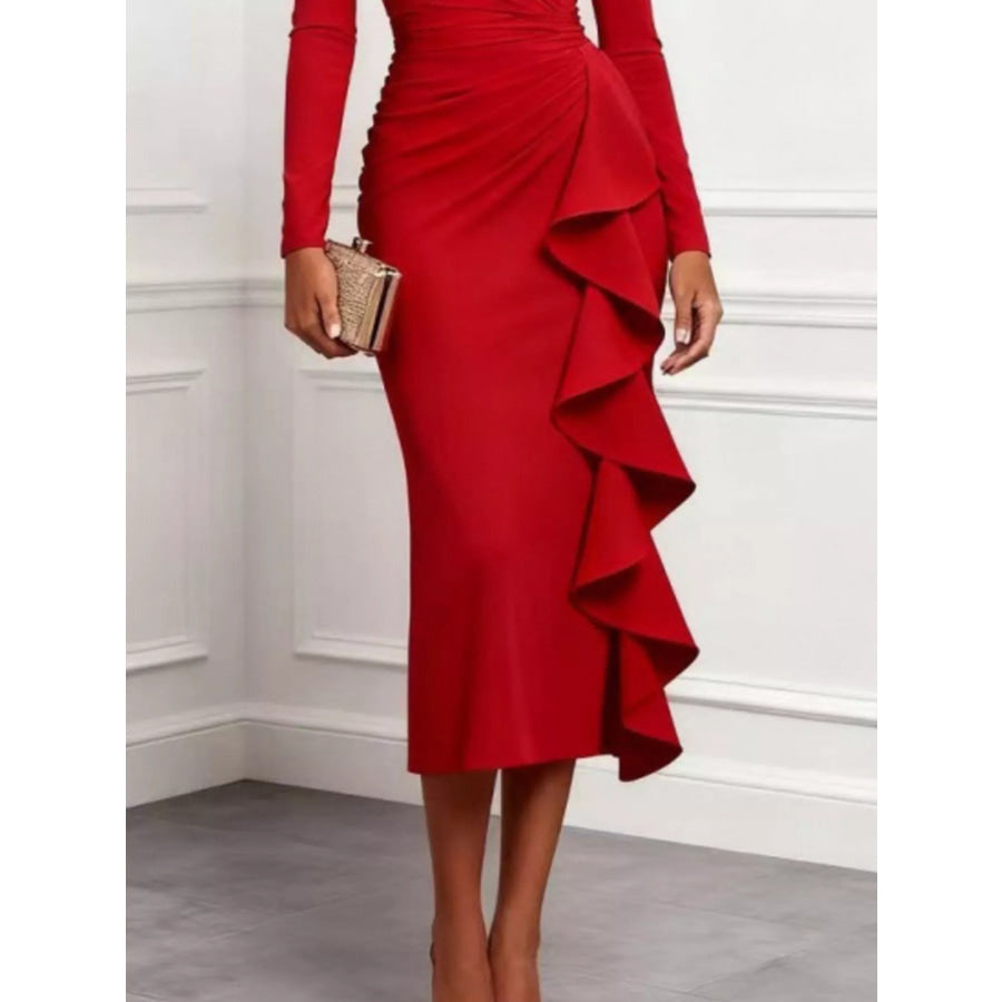 Ruffled Surplice Long Sleeve Dress Apparel and Accessories