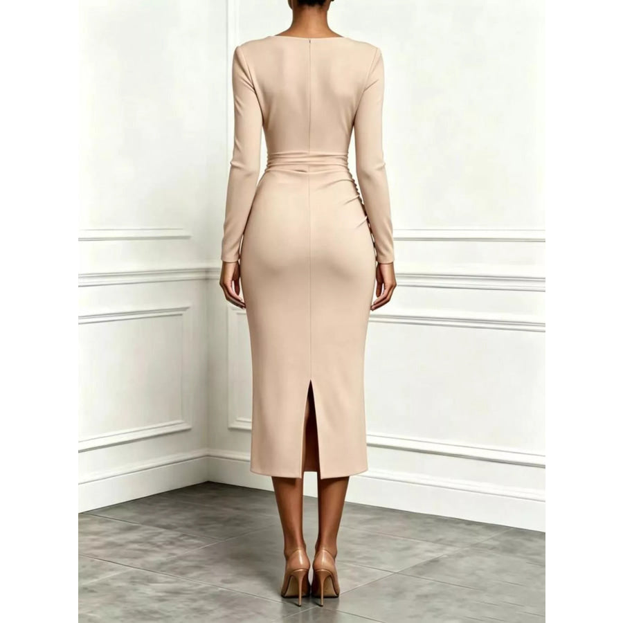 Ruffled Surplice Long Sleeve Dress Beige / S Apparel and Accessories