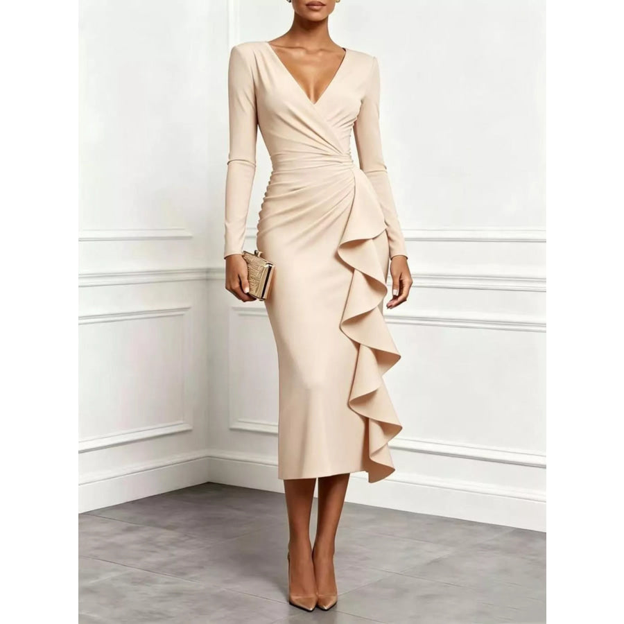 Ruffled Surplice Long Sleeve Dress Beige / S Apparel and Accessories