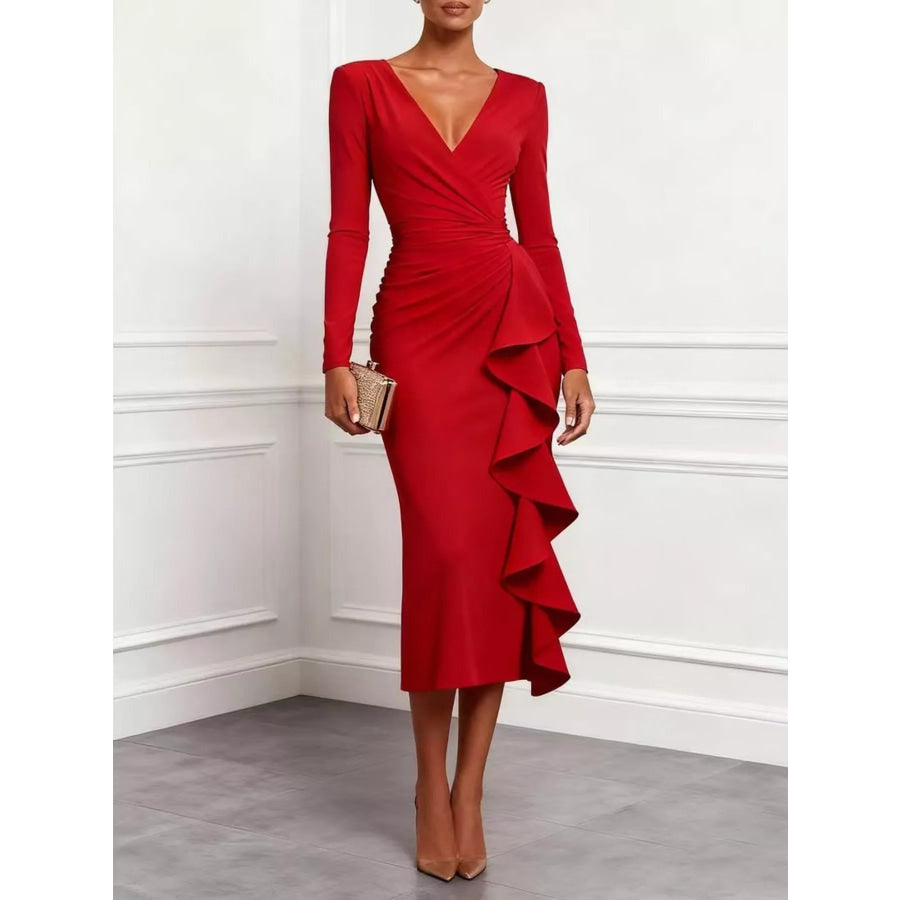Ruffled Surplice Long Sleeve Dress Deep Red / S Apparel and Accessories