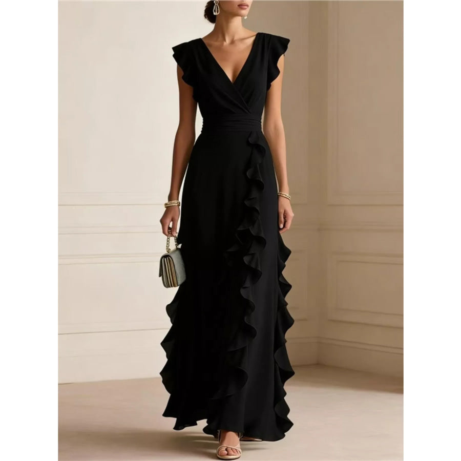 Ruffled Surplice Maxi Dress Black / S Apparel and Accessories