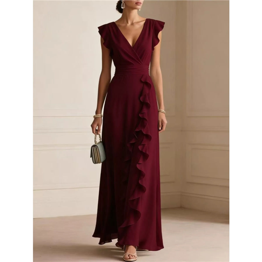 Ruffled Surplice Maxi Dress Burgundy / S Apparel and Accessories