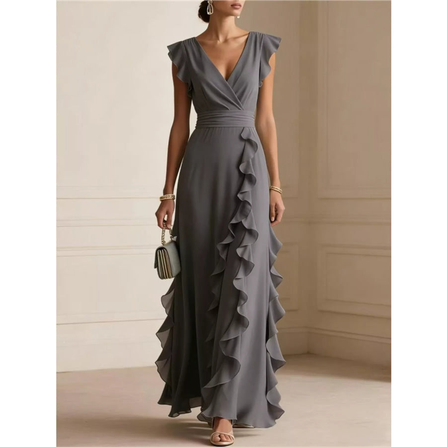 Ruffled Surplice Maxi Dress Dark Gray / S Apparel and Accessories