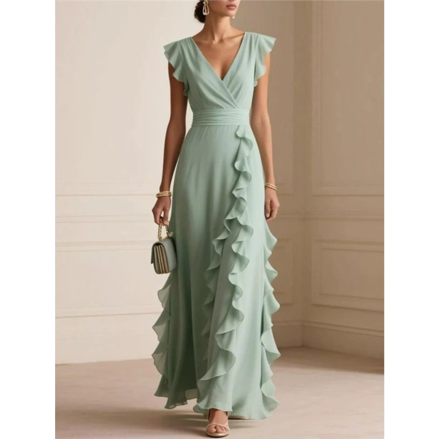 Ruffled Surplice Maxi Dress Green / S Apparel and Accessories
