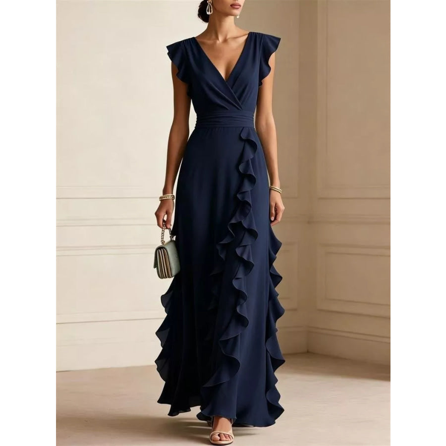 Ruffled Surplice Maxi Dress Navy Blue / S Apparel and Accessories
