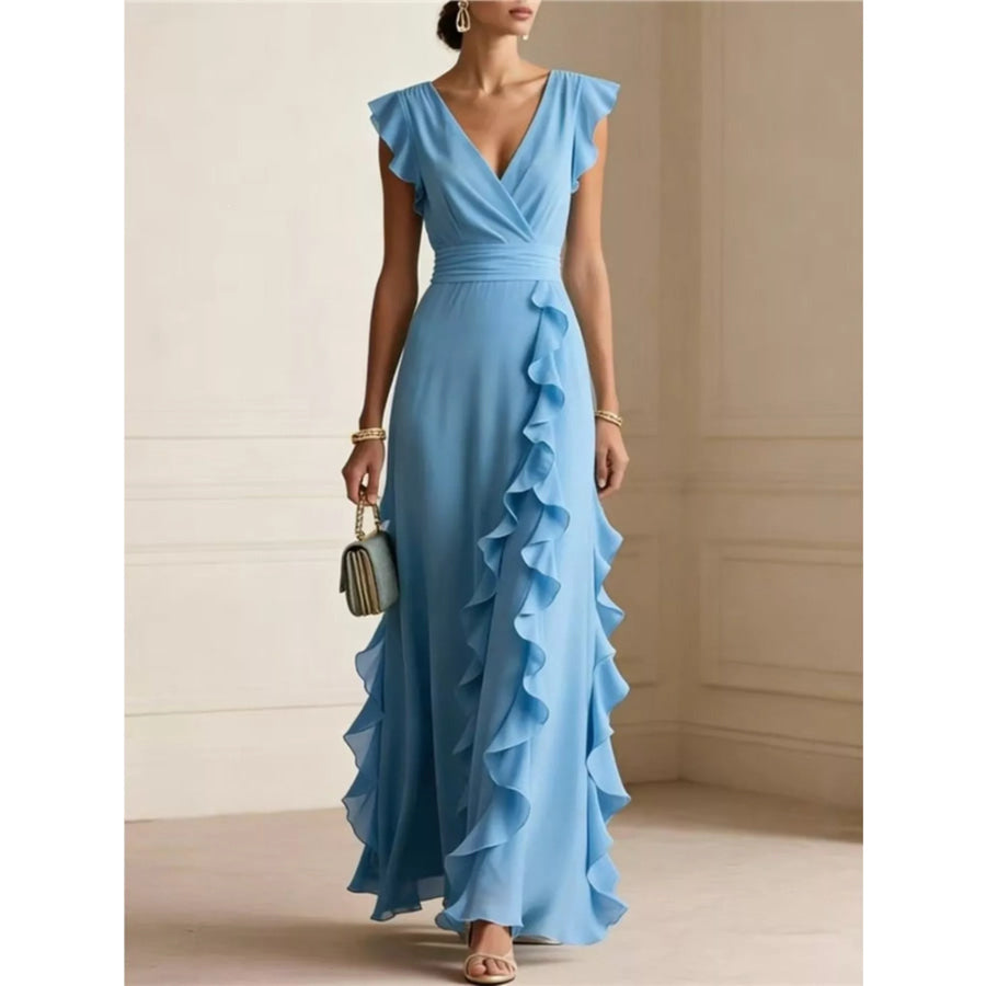 Ruffled Surplice Maxi Dress Sky Blue / S Apparel and Accessories