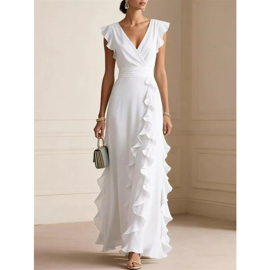 Ruffled Surplice Maxi Dress White / S Apparel and Accessories