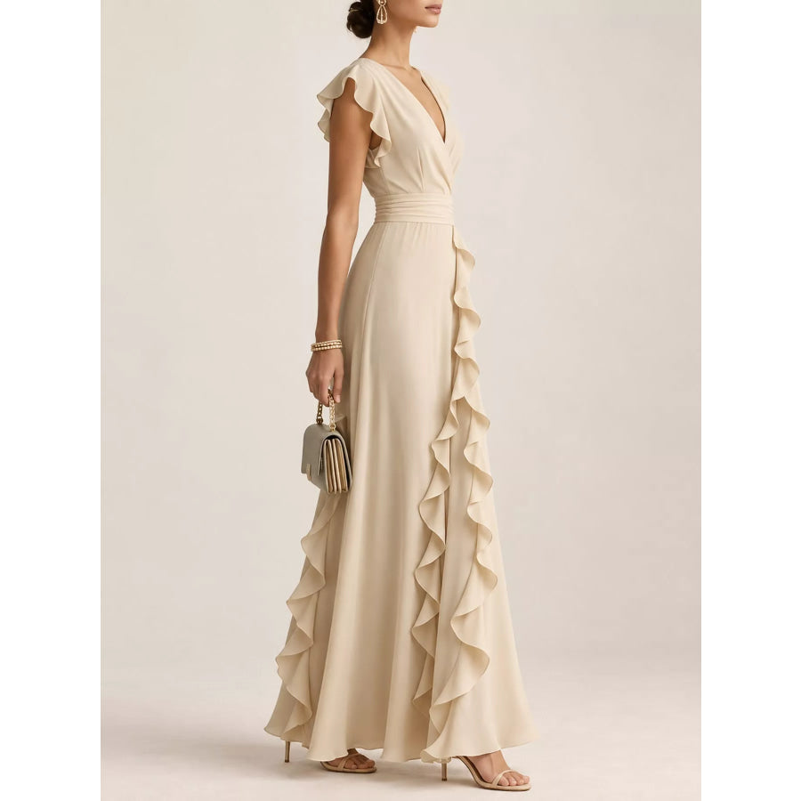 Ruffled Surplice Sleeveless Maxi Dress Apricot / S Apparel and Accessories