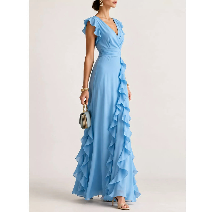 Ruffled Surplice Sleeveless Maxi Dress Apparel and Accessories