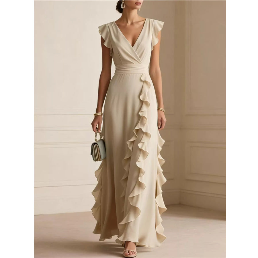 Ruffled Surplice Sleeveless Maxi Dress Apricot / S Apparel and Accessories