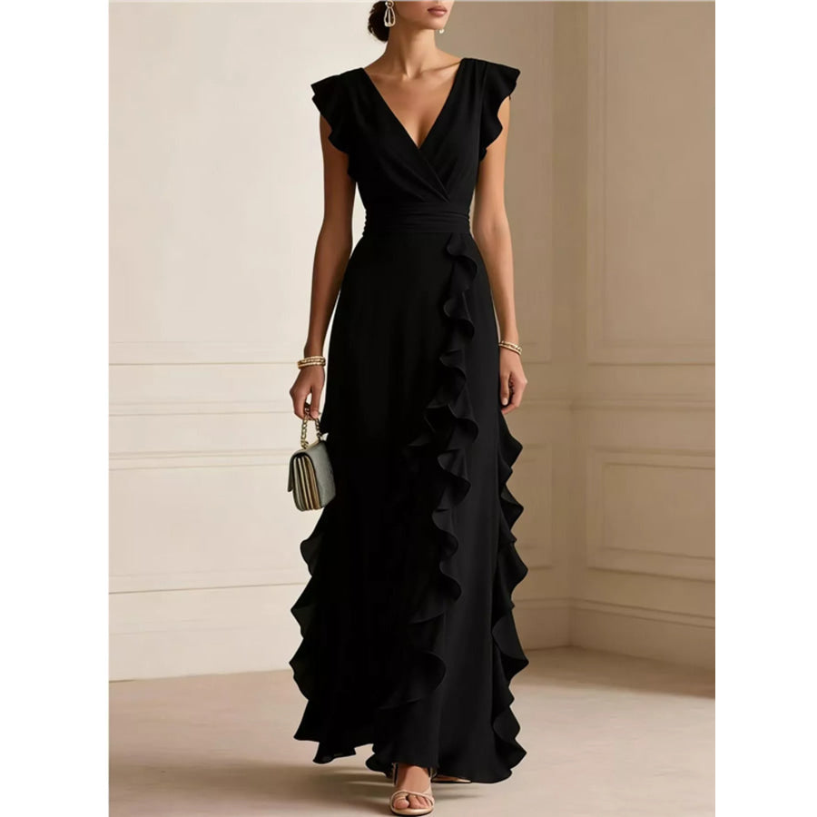 Ruffled Surplice Sleeveless Maxi Dress Black / S Apparel and Accessories
