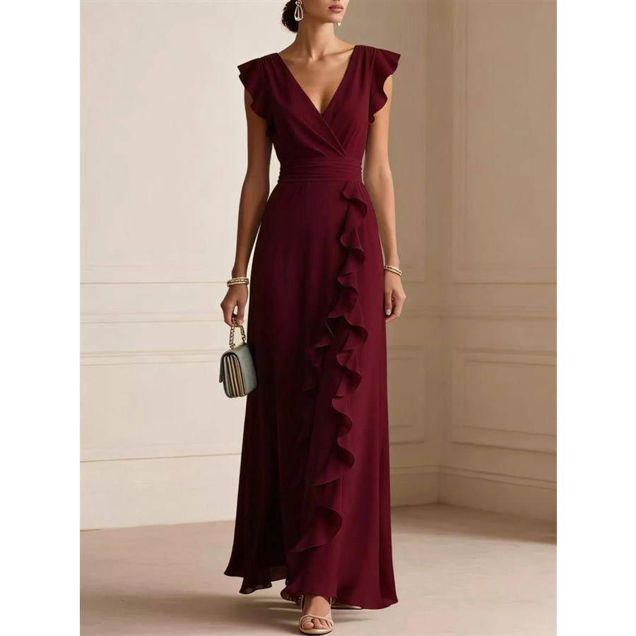 Ruffled Surplice Sleeveless Maxi Dress Burgundy / S Apparel and Accessories