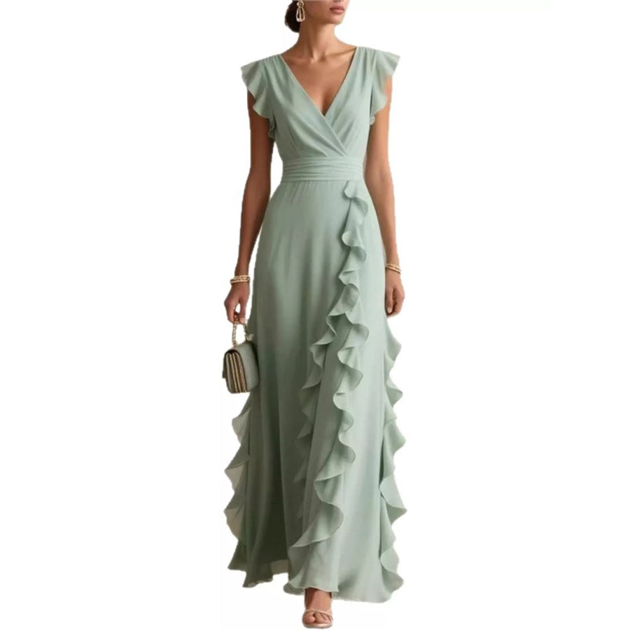 Ruffled Surplice Sleeveless Maxi Dress Green / S Apparel and Accessories
