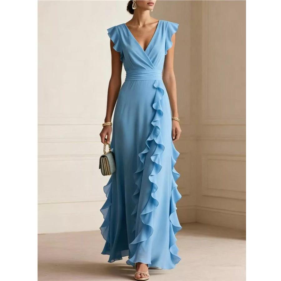 Ruffled Surplice Sleeveless Maxi Dress Sky Blue / S Apparel and Accessories