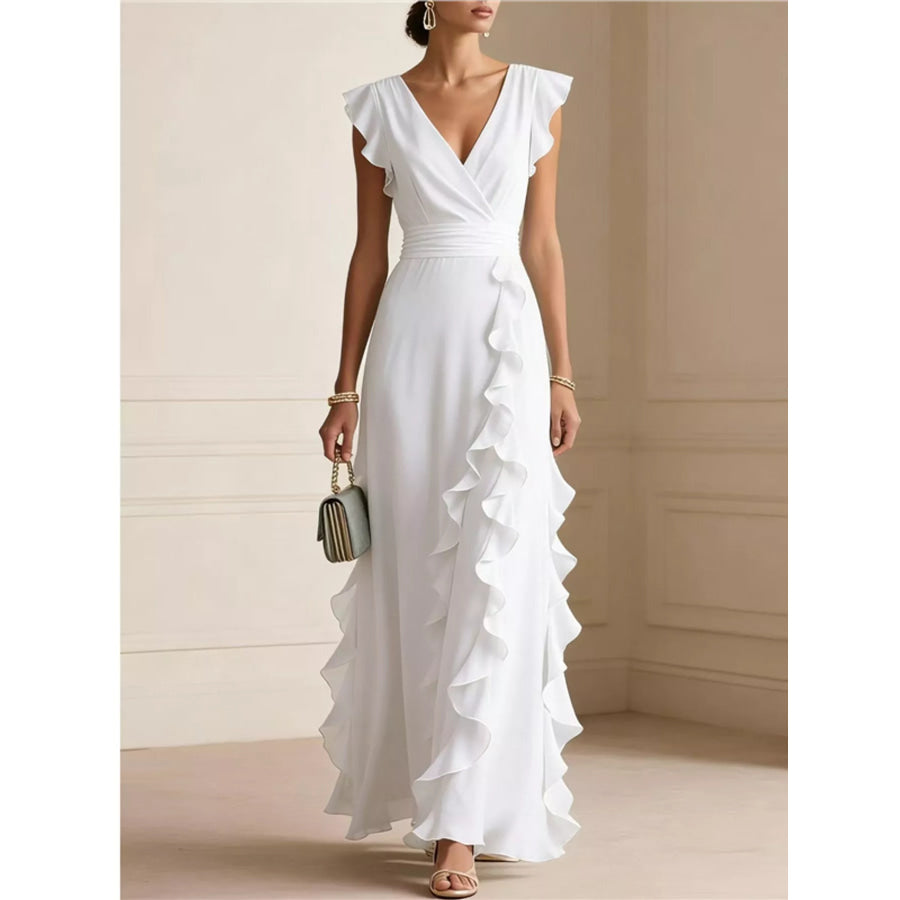 Ruffled Surplice Sleeveless Maxi Dress White / S Apparel and Accessories