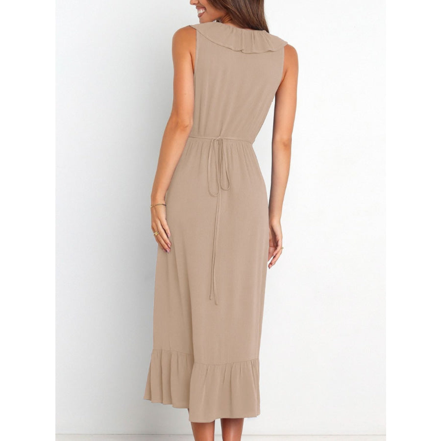 Ruffled Surplice Sleeveless Midi Dress Khaki / S Apparel and Accessories