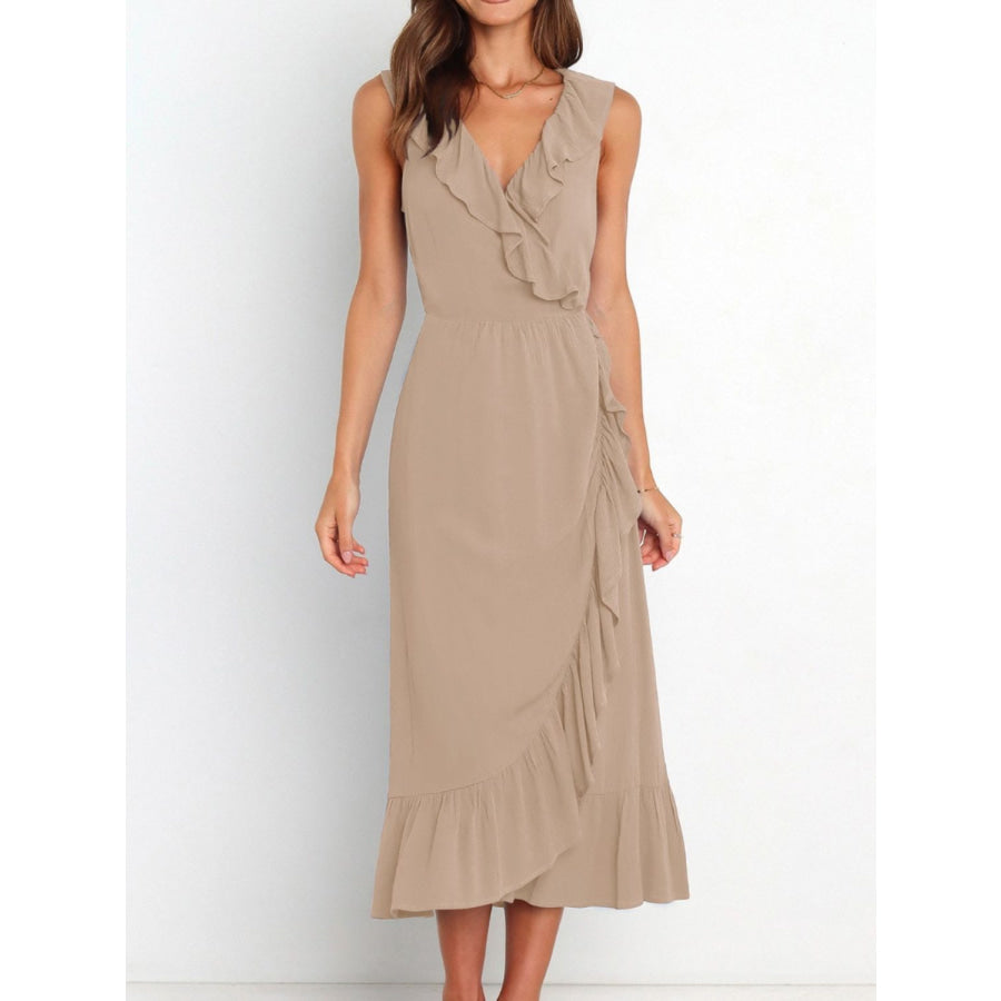 Ruffled Surplice Sleeveless Midi Dress Khaki / S Apparel and Accessories