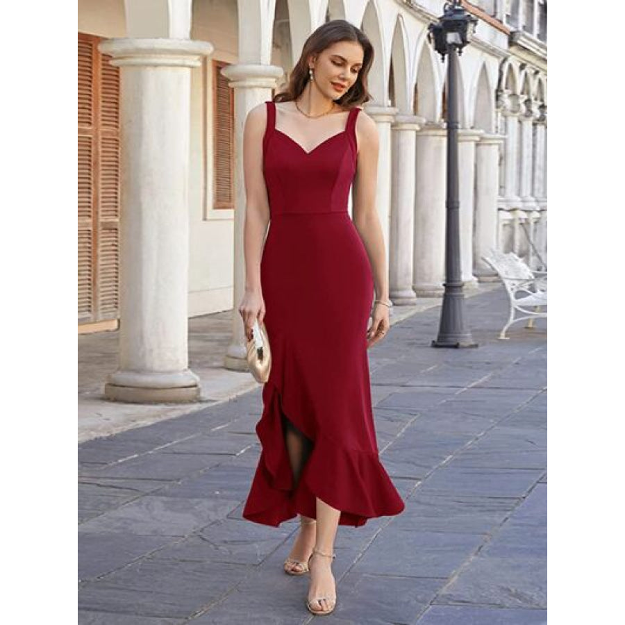 Ruffled Sweetheart Neck Fishtail Cami Dress Wine / S Apparel and Accessories