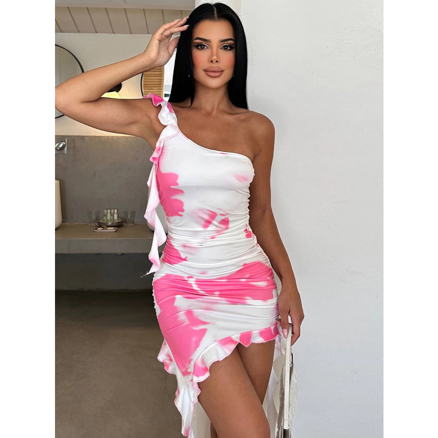 Ruffled Tie-Dye Single Shoulder Mini Dress Apparel and Accessories