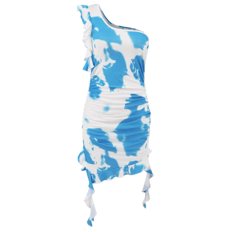 Ruffled Tie-Dye Single Shoulder Mini Dress Apparel and Accessories