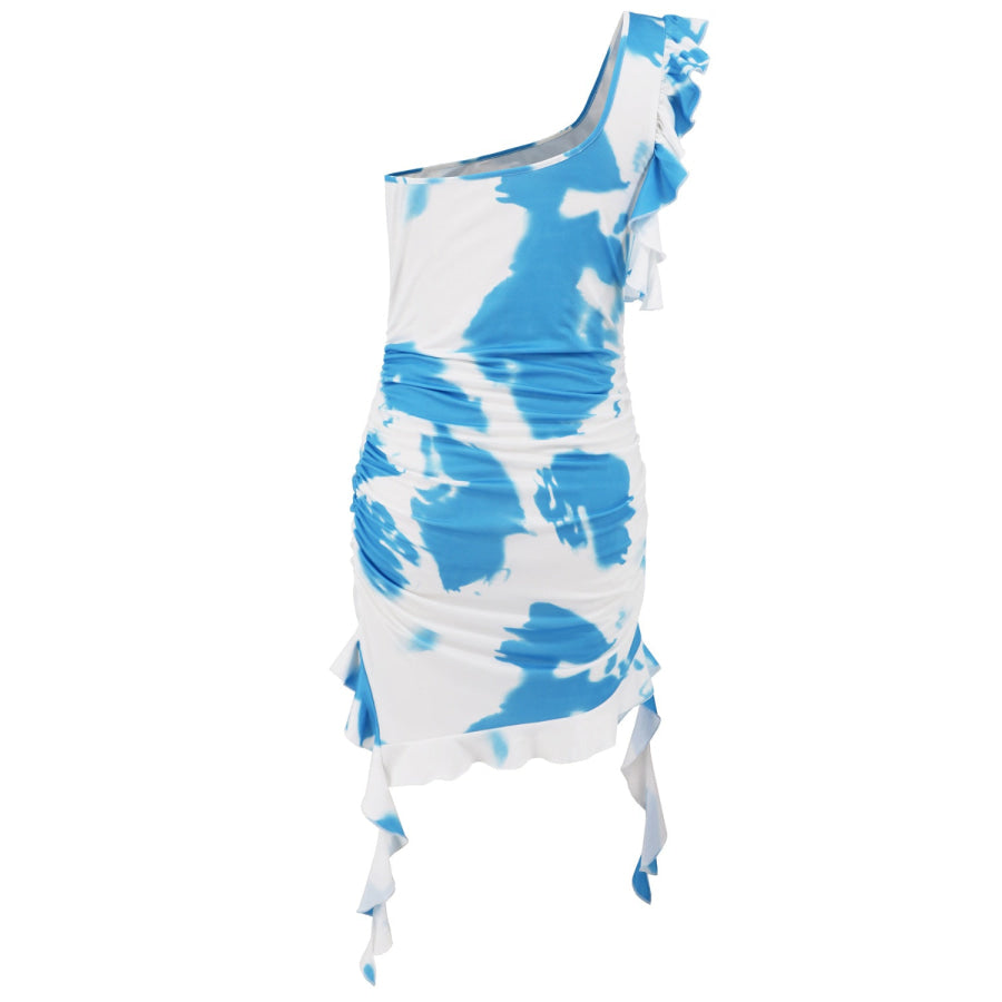 Ruffled Tie-Dye Single Shoulder Mini Dress Apparel and Accessories