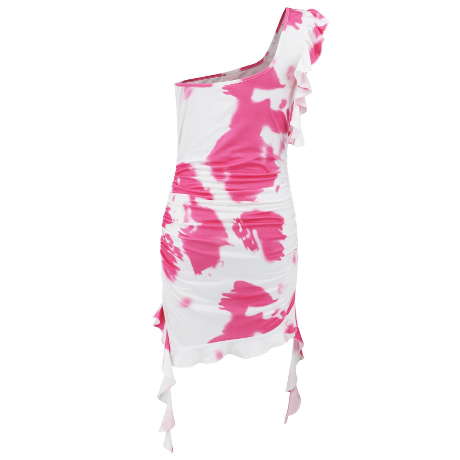 Ruffled Tie-Dye Single Shoulder Mini Dress Apparel and Accessories