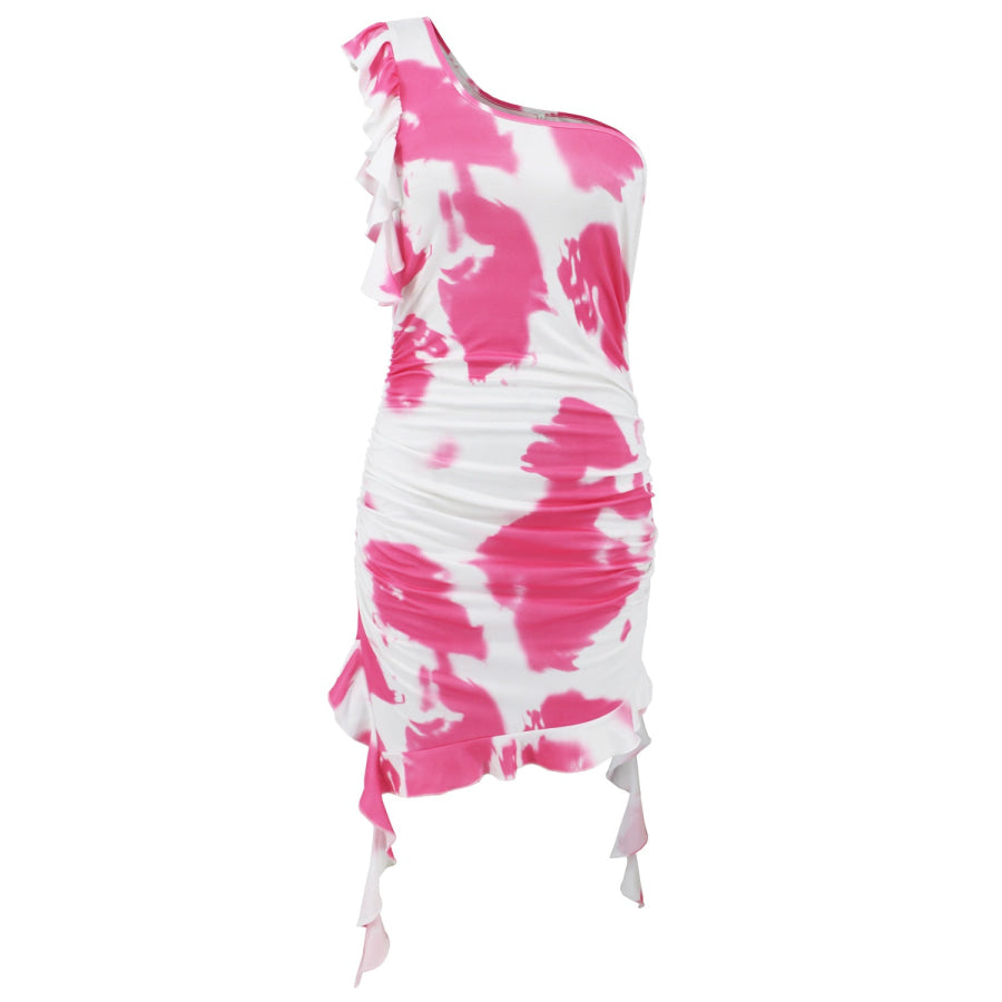 Ruffled Tie-Dye Single Shoulder Mini Dress Apparel and Accessories