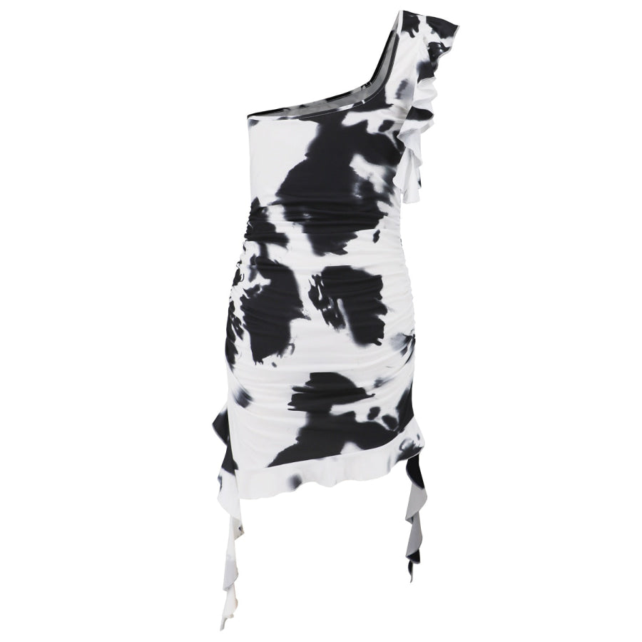 Ruffled Tie-Dye Single Shoulder Mini Dress Apparel and Accessories