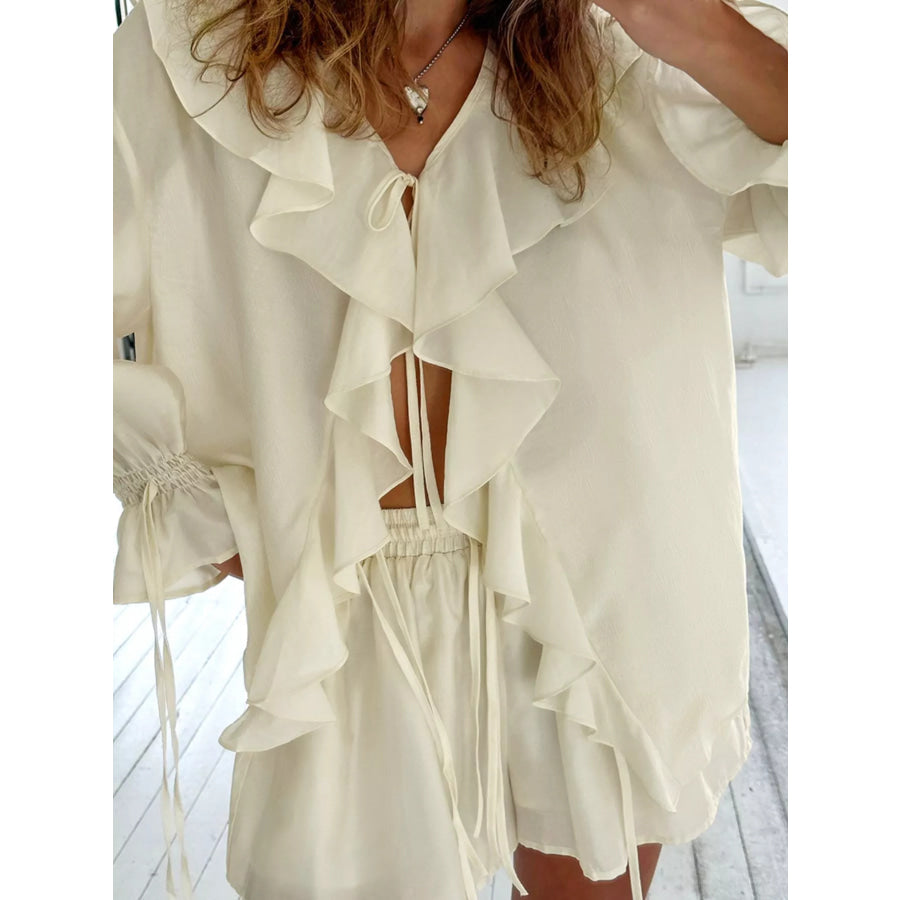 Ruffled Tie Front Blouse and Shorts Set Apparel and Accessories