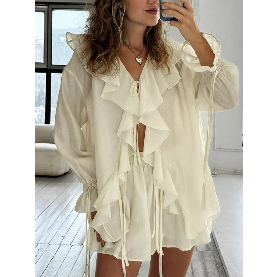 Ruffled Tie Front Blouse and Shorts Set Apparel and Accessories