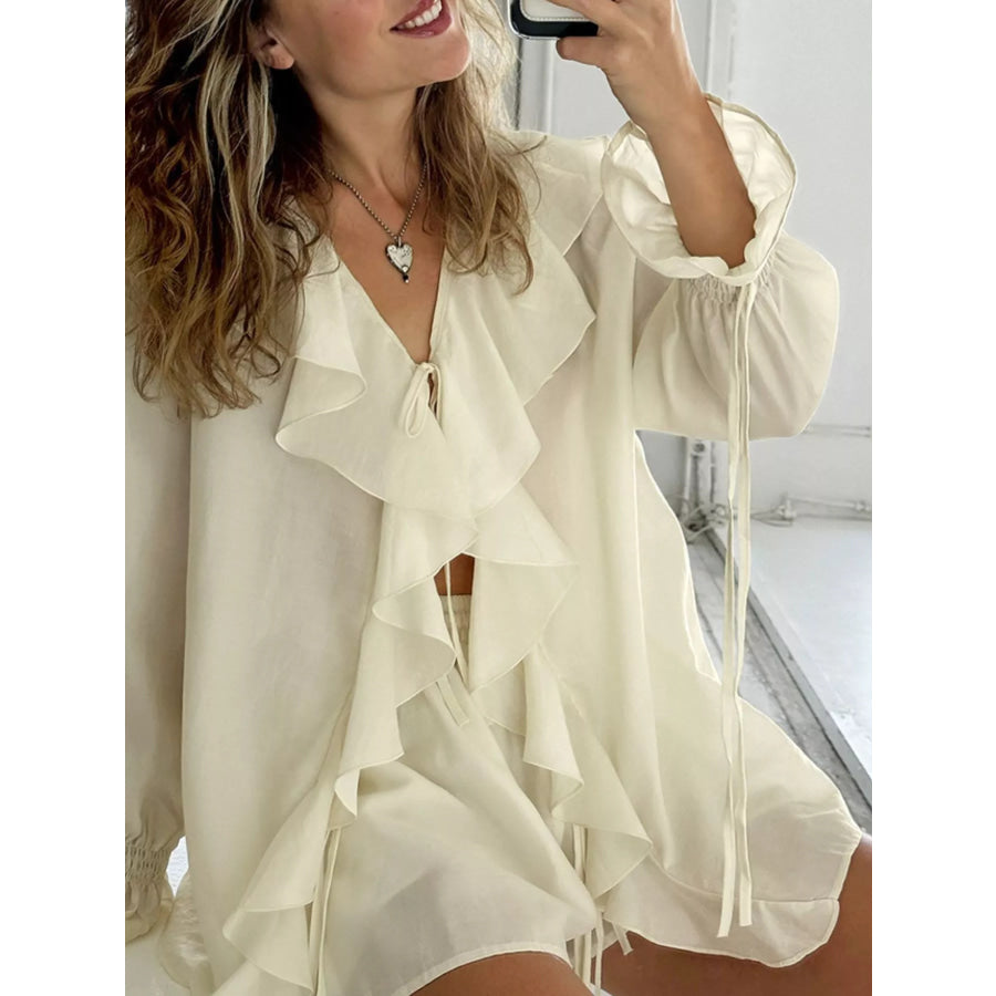 Ruffled Tie Front Blouse and Shorts Set Apparel and Accessories