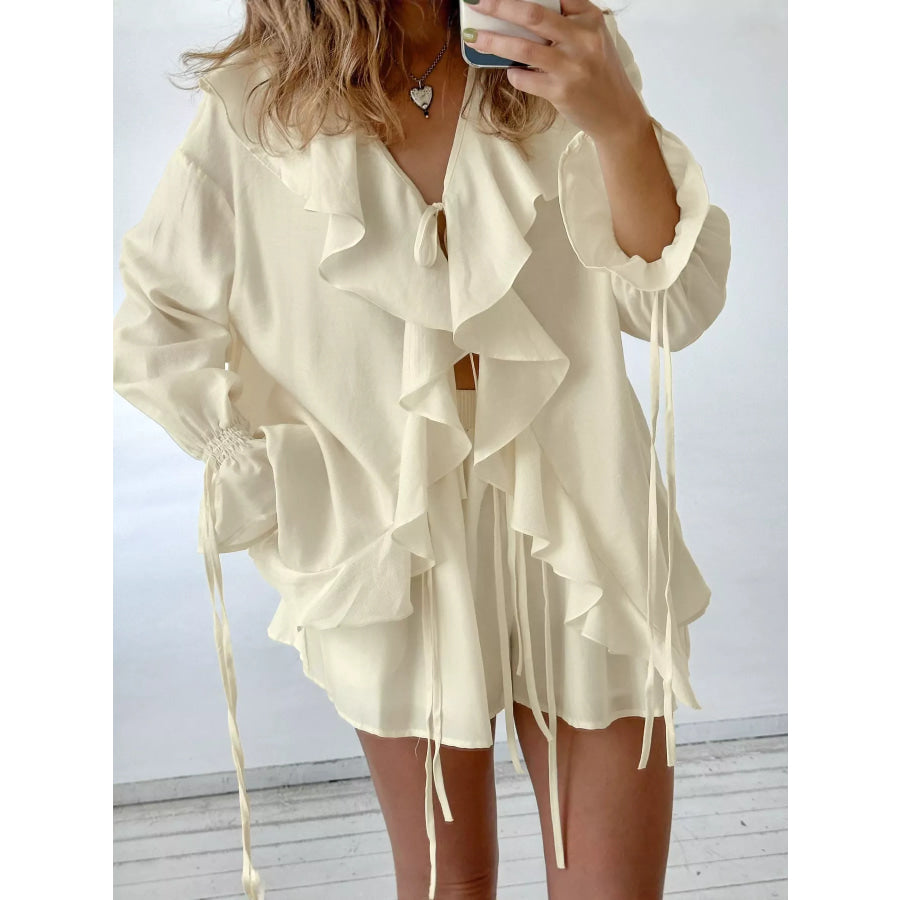 Ruffled Tie Front Blouse and Shorts Set Beige / S Apparel and Accessories