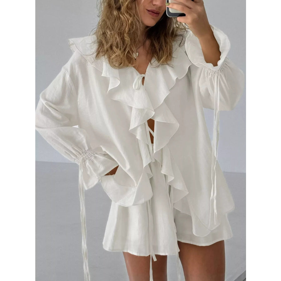 Ruffled Tie Front Blouse and Shorts Set White / S Apparel and Accessories